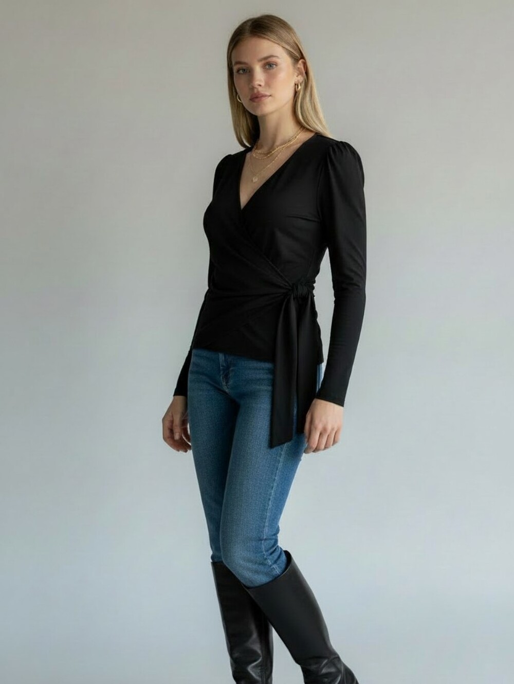 MICHAEL KORS Black Faux Wrap Long Sleeve w/ Tie Waist Top | Size Small